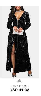 Front Slit Long Sleeve Belted Sequin Dress