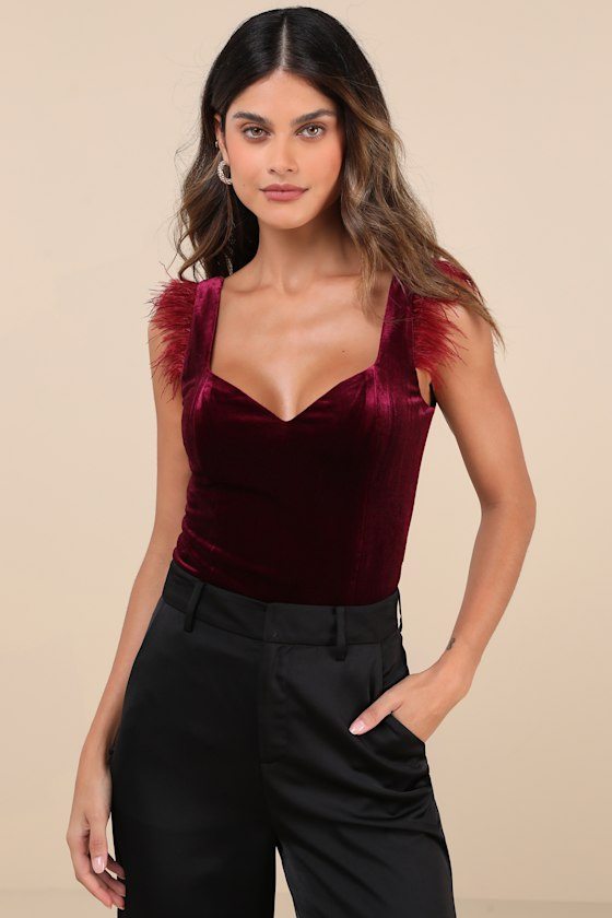 Image of Fabulous Vibe Plum Velvet Feather Sleeveless Bodysuit