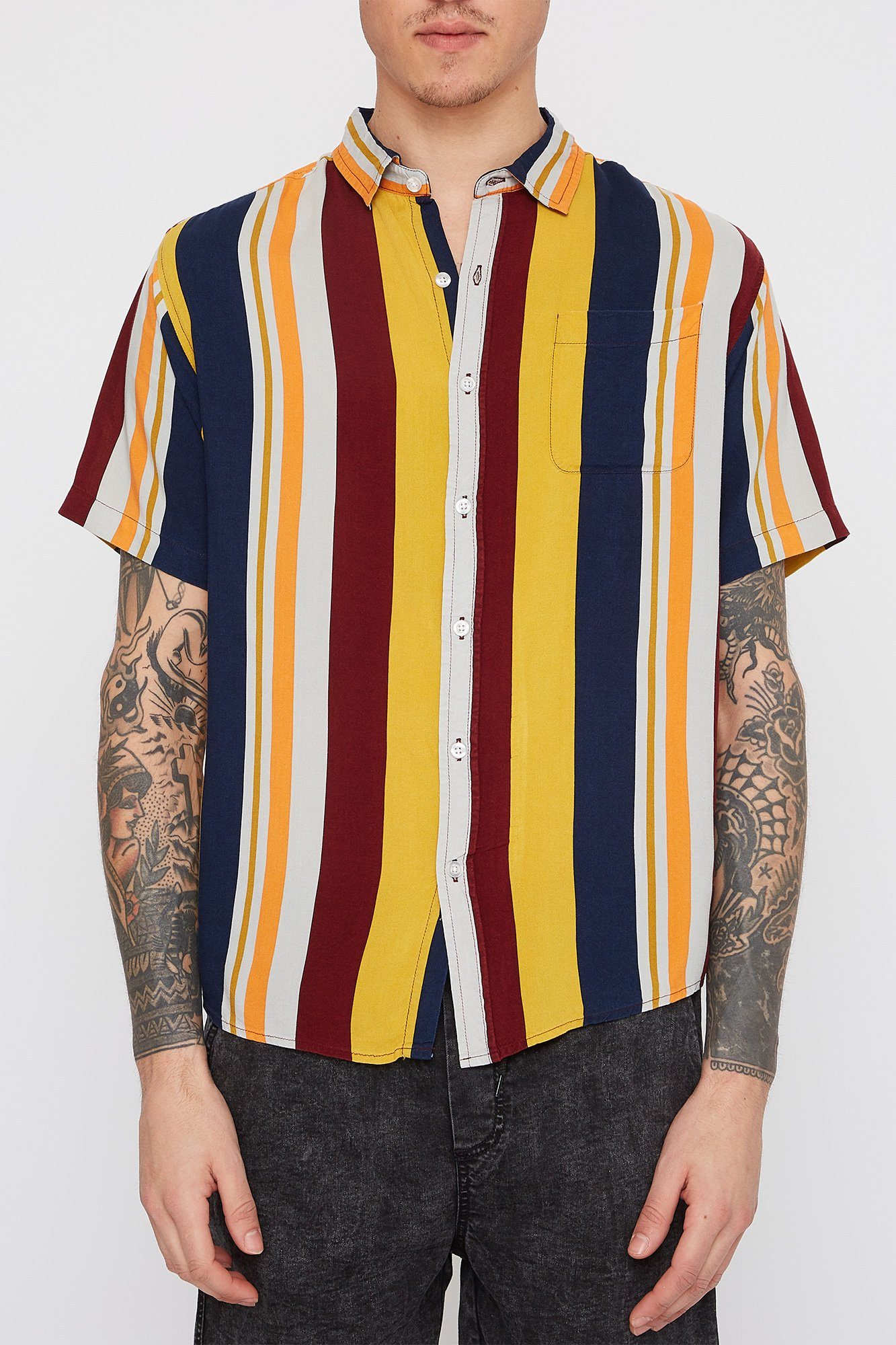 Image of Mens Multi Stripe Bowling Button Up Shirt