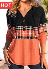 Orange Patchwork Plaid Long Sleeve Hoodie