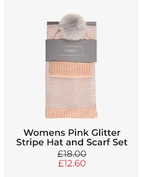 Womens Pink Glitter Stripe Hat and Scarf Set
