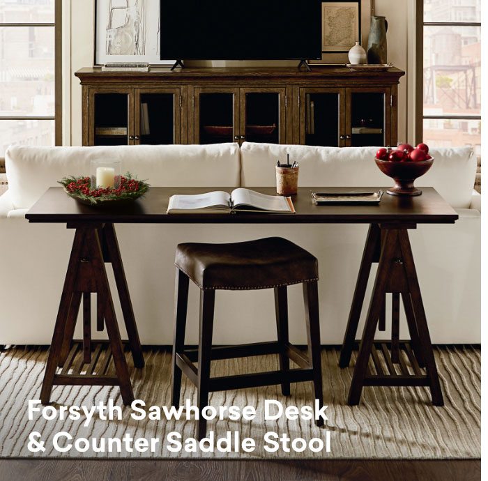 Forsyth sawhorse desk and counter saddle stool. Shop now.