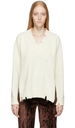 Maison Margiela - Off-White Destroyed V-Neck Sweater