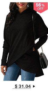 Pocket Black Asymmetric Hem Long Sleeve Hoodie