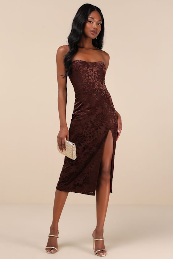 Image of Enchantingly Chic Dark Brown Velvet Burnout Strapless Midi Dress