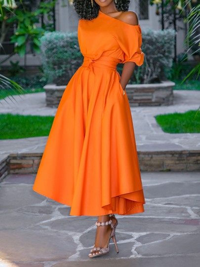 African Fashion Half Sleeve Mid-Calf Plain Women's Maxi Dress