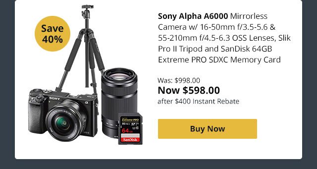 Sony Alpha A6000 Mirrorless Camera Includes 16-50mm f/3.5-5.6 & 55-210mm f/4.5-6.3 OSS Lenses, Slik Pro II Tripod and SanDisk 64GB Extreme PRO SDXC Memory Card