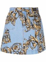 Barocco-print denim mini skirt