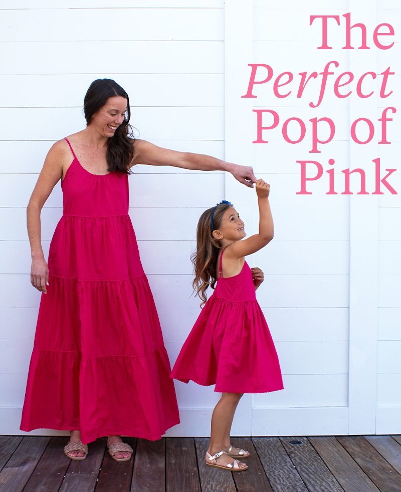 Mother and Daughter wearing the New Roller Rabbit Hot Pink Poplin styles.