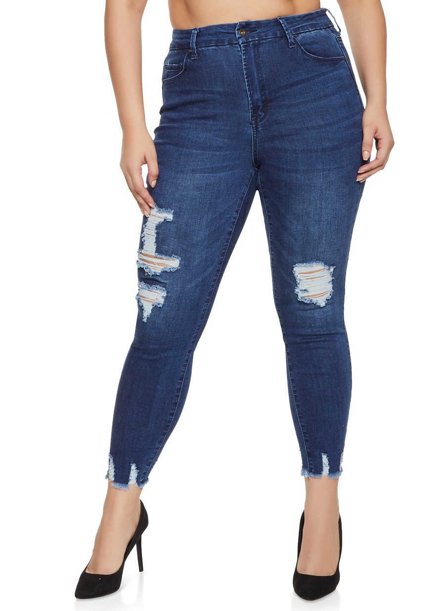 Plus Size WAX Frayed Hem Whiskered Jeans