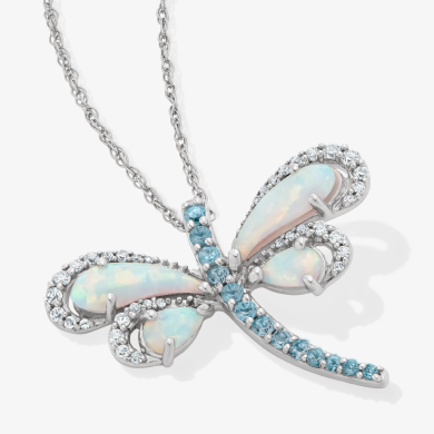 Lab-Created Opal, Swiss Blue Topaz & White Lab-Created Sapphire Dragonfly Necklace Sterling Silver 18''