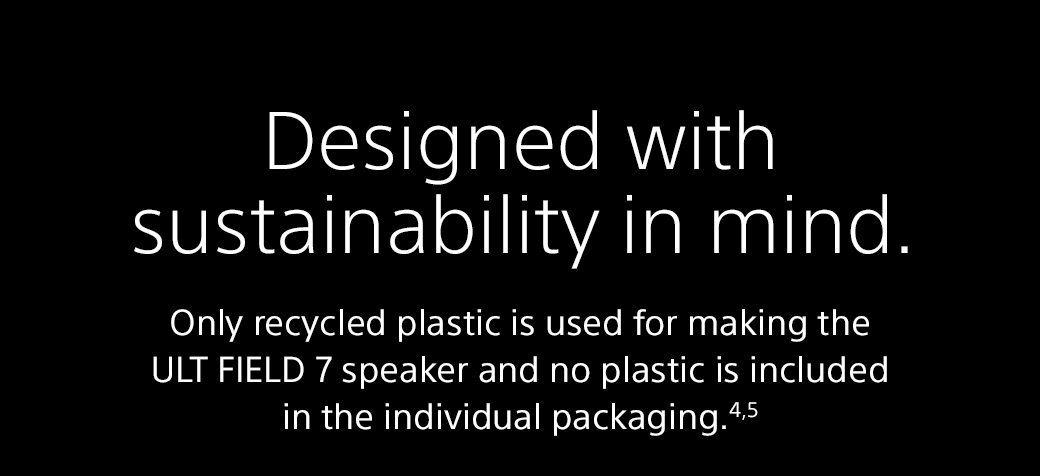 Designed with sustainability in mind. | Only recycled plastic is used for making the ULT FIELD 7 speaker and no plastic is included in the individual packaging.4,5