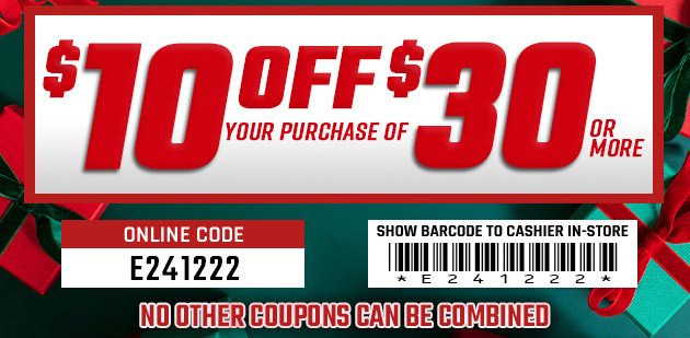 $10 Off $30. Exclusions apply. Use code E241222