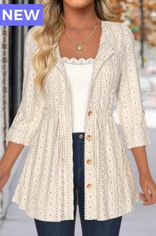 Beige Lace 3/4 Sleeve Round Neck Coat