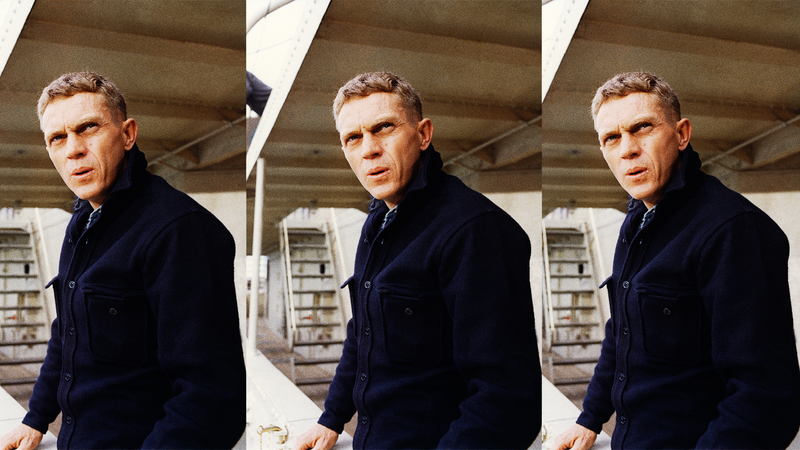 Steve McQueen wearing a classic military CPO shirt in the '60s. 