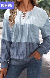 Blue Patchwork Long Sleeve Lace Up Collar Sweatshirt