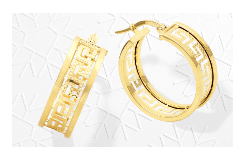 Textured Greek Key Openwork Hoop Earrings 26mm 10K Yellow Gold