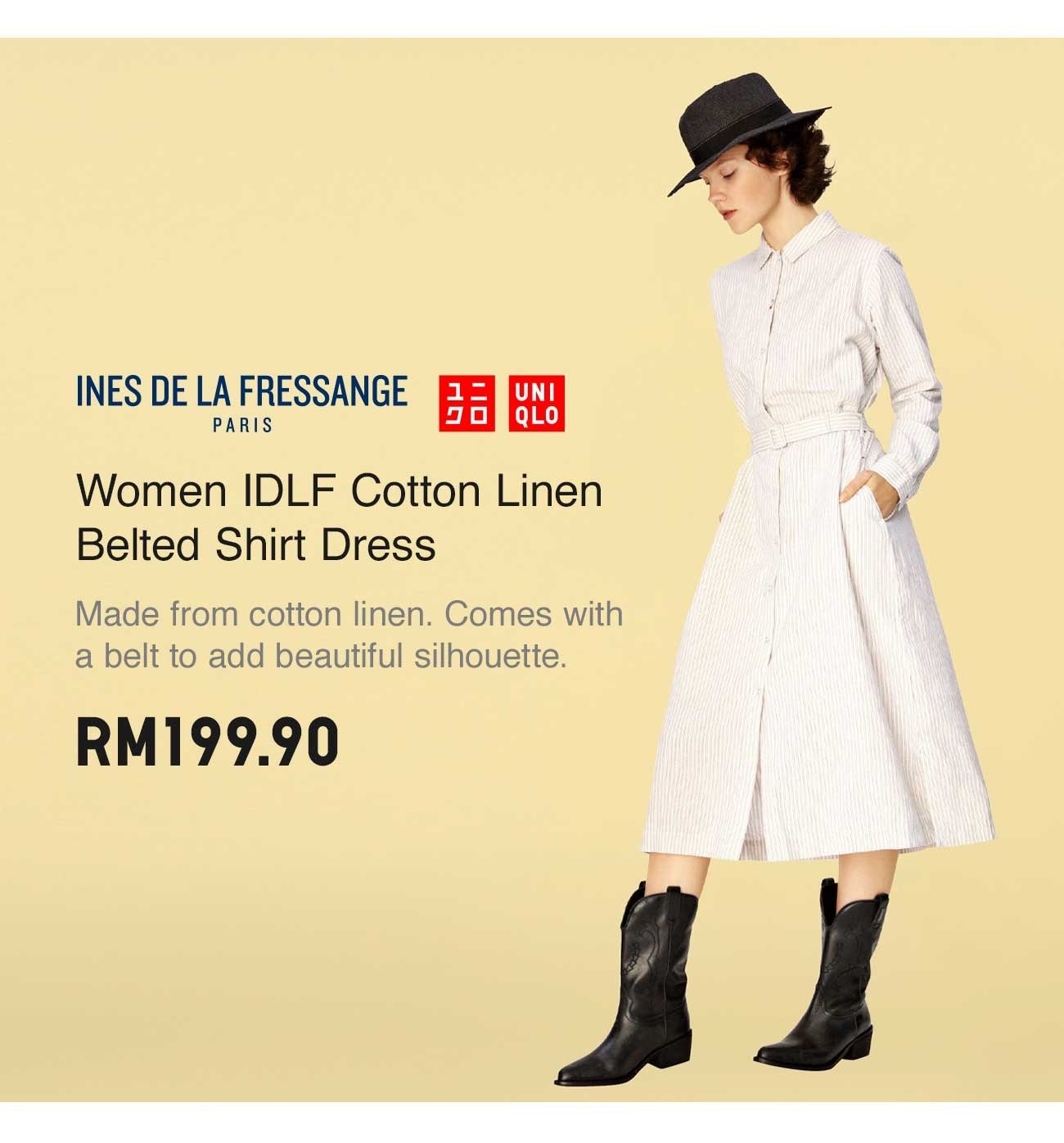 WOMEN IDLF COTTON LINEN BELTED SHIRT DRESS