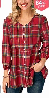 Blouson Sleeve Plaid Print V Neck Blouse