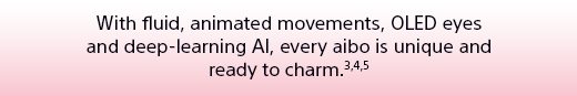 With fluid, animated movements, OLED eyes and deep-learning AI, every aibo is unique and ready to charm.(3)(4)(5)