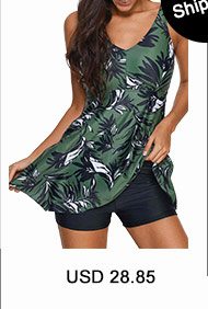 Spaghetti Strap Leaf Print Cage Back Swimdress and Shorts