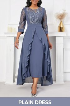 Dusty Blue High Low Round Neck Embroidery Dress