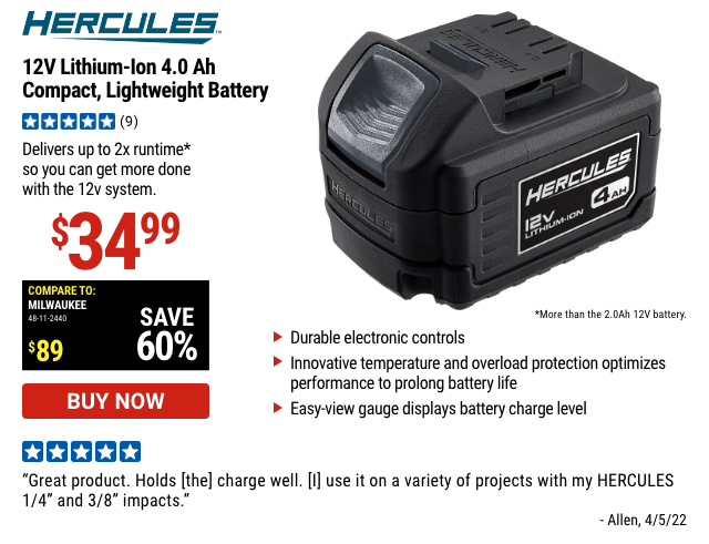 HERCULES: 12V 4.0 Ah Lithium-Ion Compact Lightweight Battery