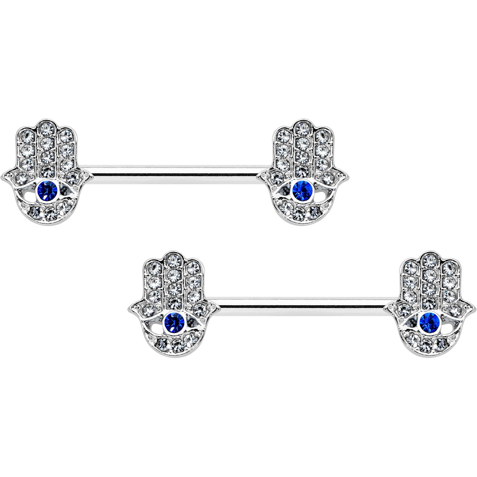 Image of 14 Gauge 9/16 Clear Blue Gem Eye Hamsa Hand Barbell Nipple Ring Set