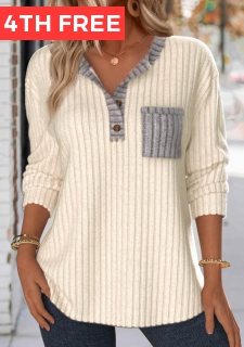 Beige Button Long Sleeve Split Neck Sweatshirt