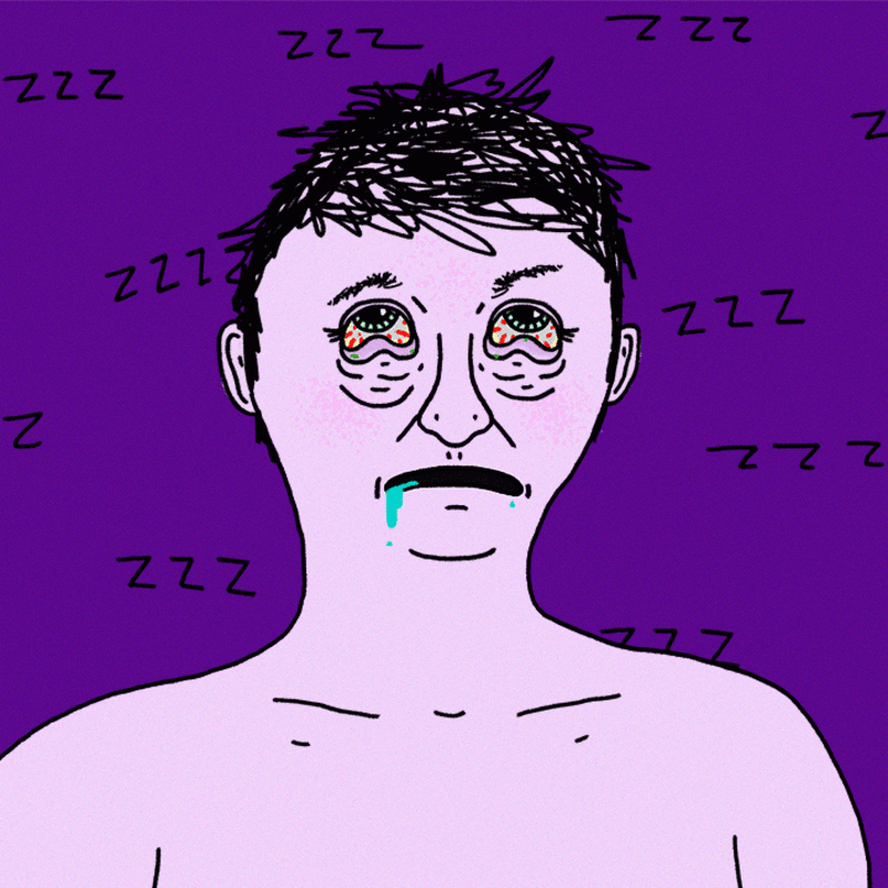 gif of man with blood shot eyes and drool from excess sleep