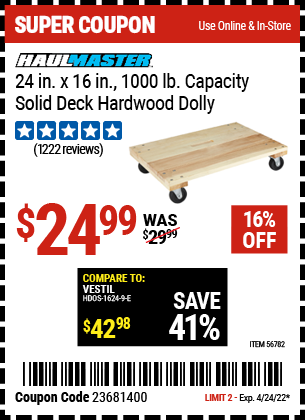 24 in x 16 in 1000 lb Capacity Solid Deck Hardwood Dolly