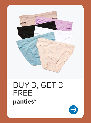 Panties in beige, pink, black, white, blue and peach. Buy three, get three free panties.