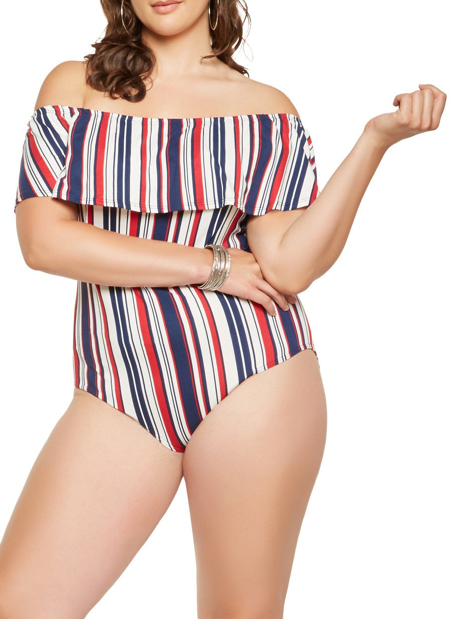 Plus Size Striped Off the Shoulder Bodysuit