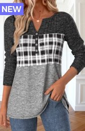 Grey Patchwork Plaid Long Sleeve Split Neck T Shirt