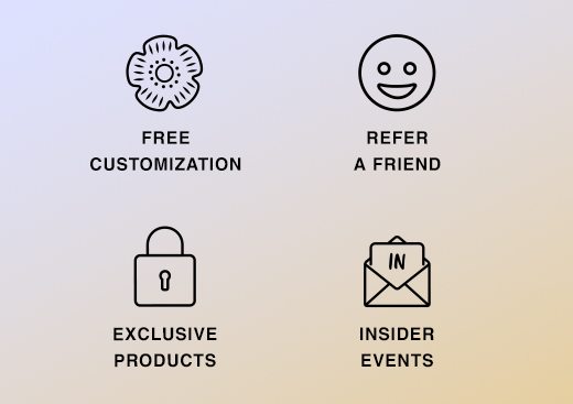 Insider Rewards. Free Customization, Refer A Friend, Exclusive Products, Insider Events...