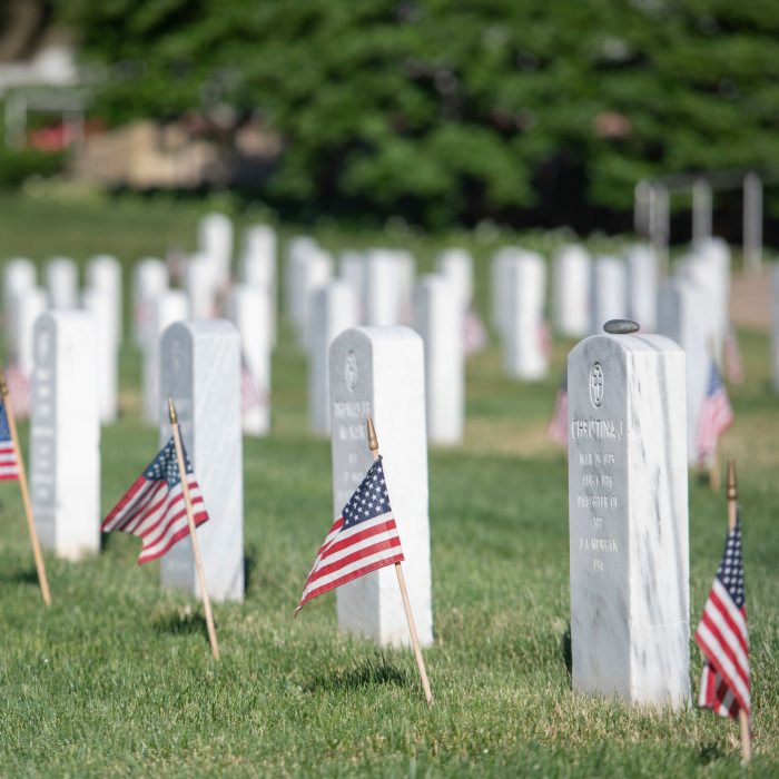 American flags planted in the ground in a cemetery