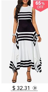 Stripe Print Asymmetric Hem Sleeveless Midi Dress