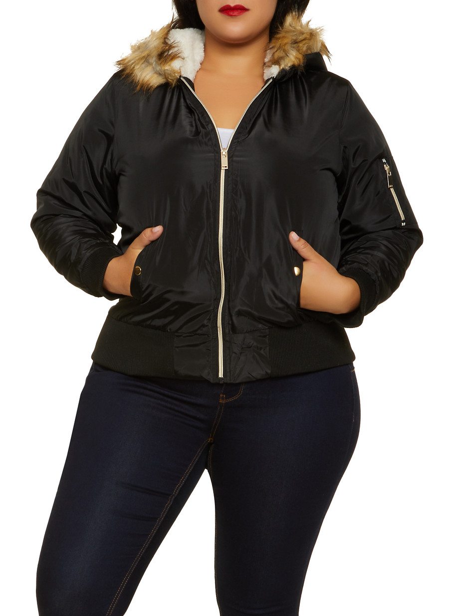 Plus Size Faux Fur Hood Bomber Jacket