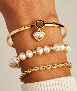 Pearl Heart + Crystal Charm Clip Bangle