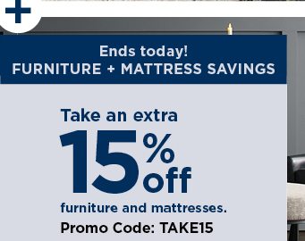 Take an extra 15% off your furniture and mattresses purchase when you use promo code TAKE15 at check