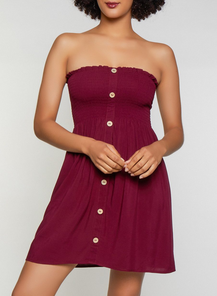 Smocked Button Strapless Dress