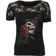 Rose Skull Lace Collar Womens T-Shirt