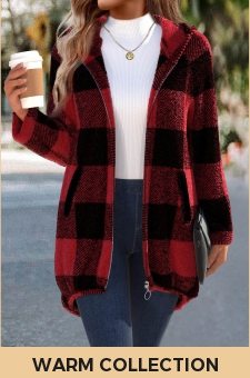 ROTITA Plaid Red Hooded Long Sleeve Coat