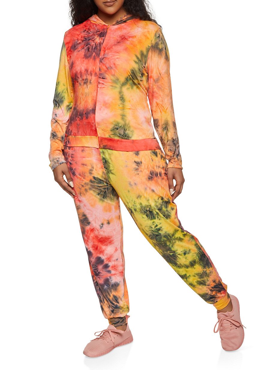 Plus Size Tie Dye Zip Front Hooded Top and Joggers