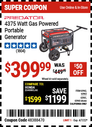 4375 Watt Gas Powered Portable Generator EPA