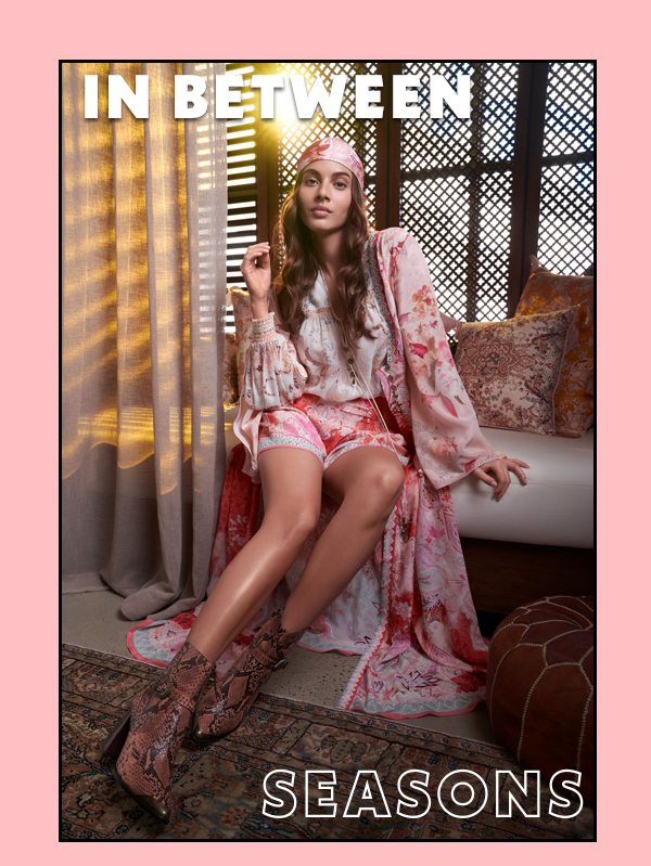 In Between Seasons - Bohemian inspired paisley floral pink and cream shorts blouse and layer.