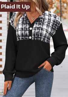 Black Button Plaid Long Sleeve Split Neck Sweatshirt