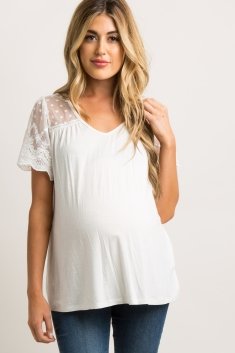 Ivory Solid Crochet Mesh Accent Maternity Top