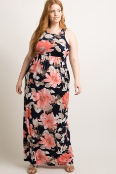 Peach Floral Sleeveless Plus Maxi Dress
