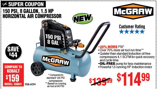8 gallon 1.5 HP 150 PSI Oil Free Portable Air Compressor